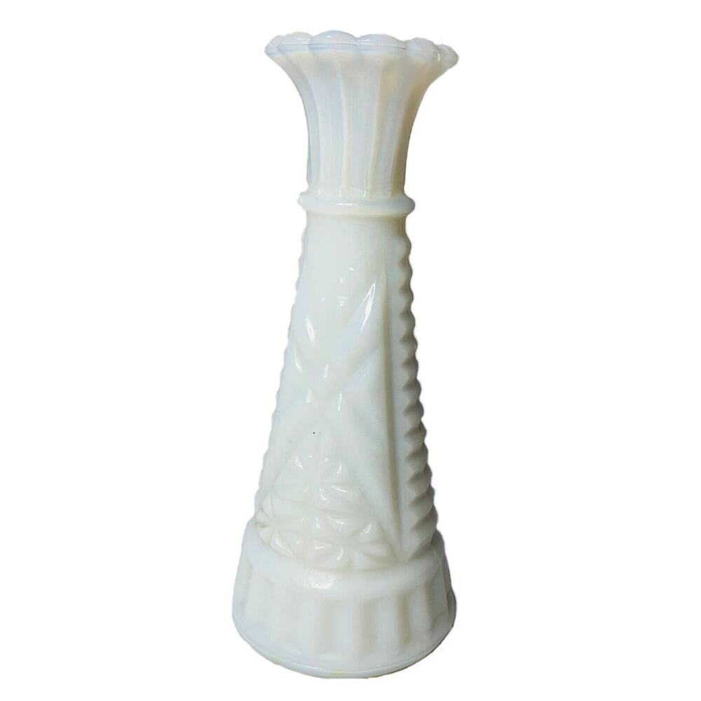 Anchor Hocking Milk Glass Vase Short 6" Embossed Stars Bars Triangle Shape Bud